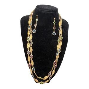 48" Long Gold Tone Station Necklace with Matching Earrings – Multi-Color Glass